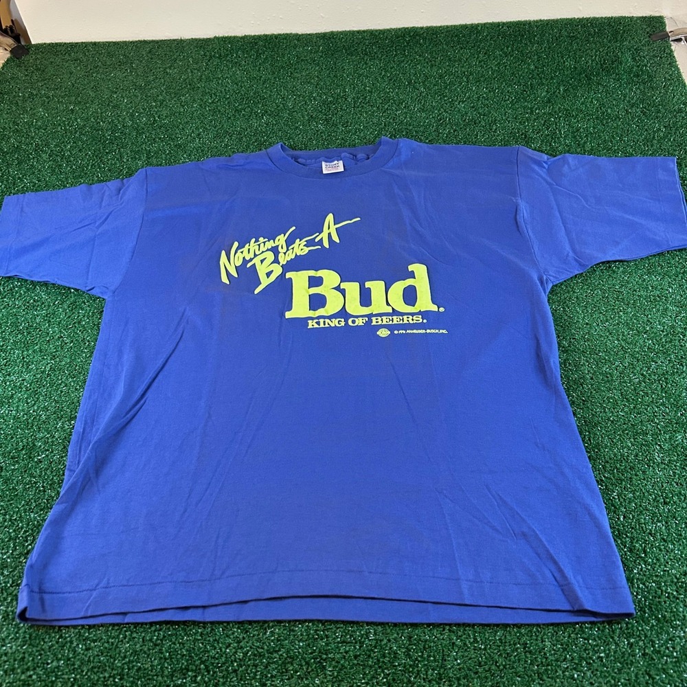 Vintage Budweiser T-Shirt Graphic Tee King of Beers Y2K 1991 Blue Mens XXL 2XL
